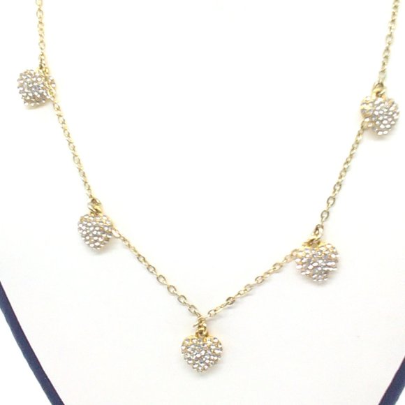 Jewelry - Rhinestone Gold Tone Puffed Hearts Charm Necklace 19-21"